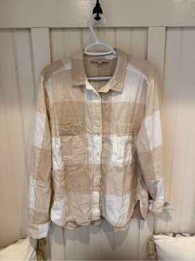 LOFT Beige & White Checked Button-Down Boyfriend Shirt